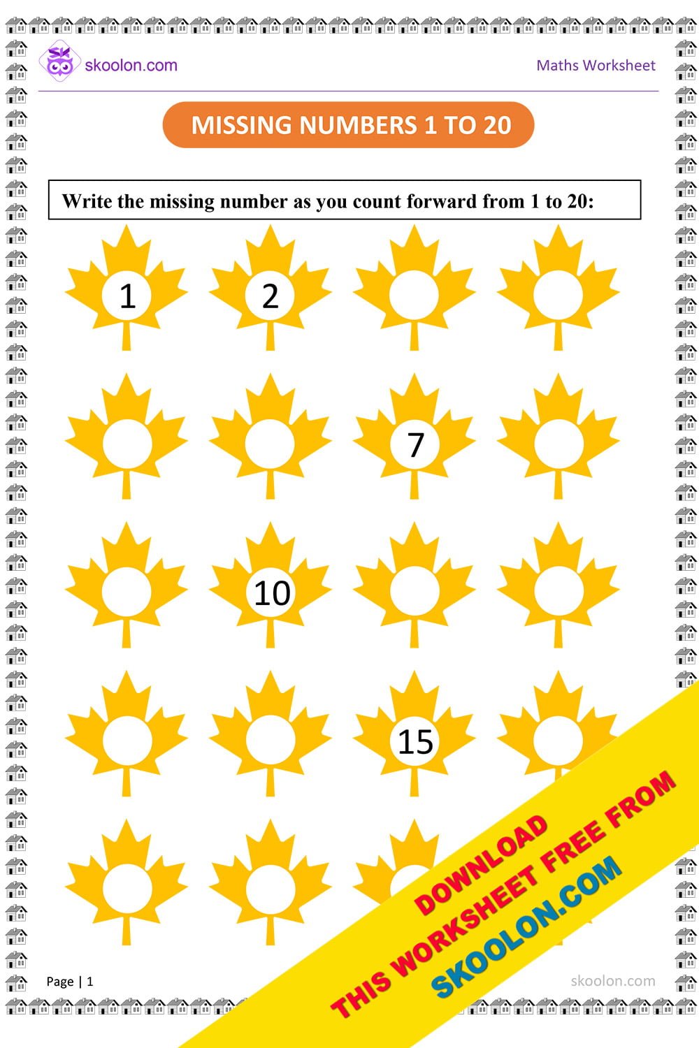 Missing Numbers 1 To 20 Worksheet For KG Skoolon