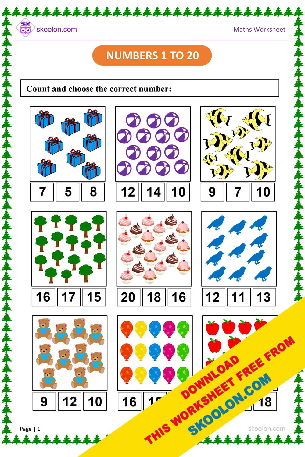 Count and Match Numbers 1 to 20 Worksheet for KG skoolon com