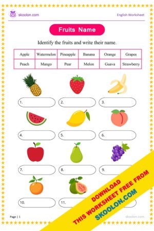 English Fruits name Worksheet for Kindergarten and Grade 1