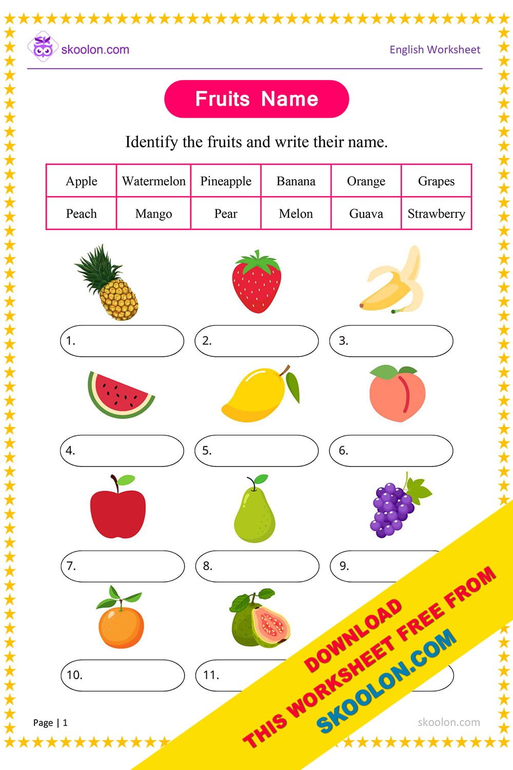 Fruits Name Worksheet - skoolon.com