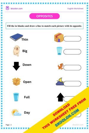 Opposites Worksheet with pictures for Class 1