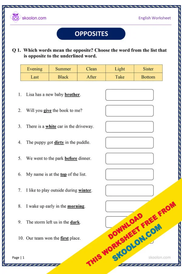 Opposites Worksheet for Class 2