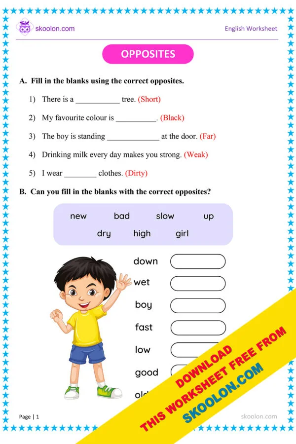 Opposites Worksheet with pictures for Class 1