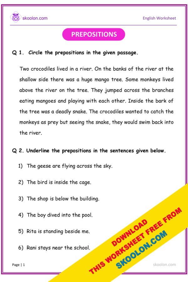English Prepositions Worksheet for Grade 2 and Grade 3