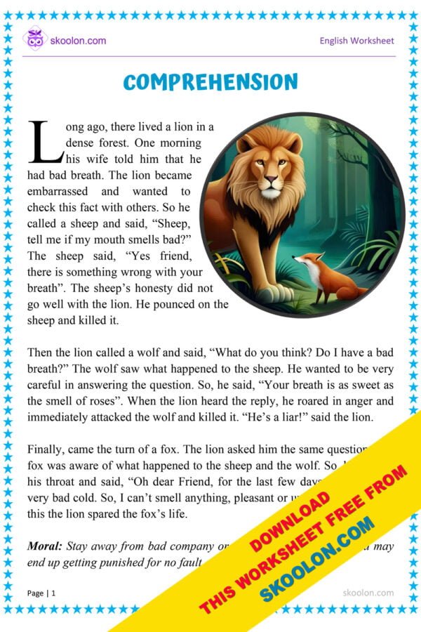 The Lion and the Fox Comprehension Worksheet