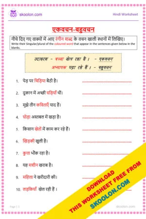 Hindi Grammar Ekavachan Bahuvachan Worksheet