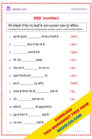 Hindi Grammar Vachan Worksheet