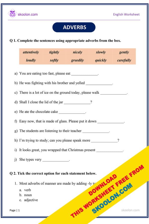 Adverbs Worksheet for Class 3 with answers