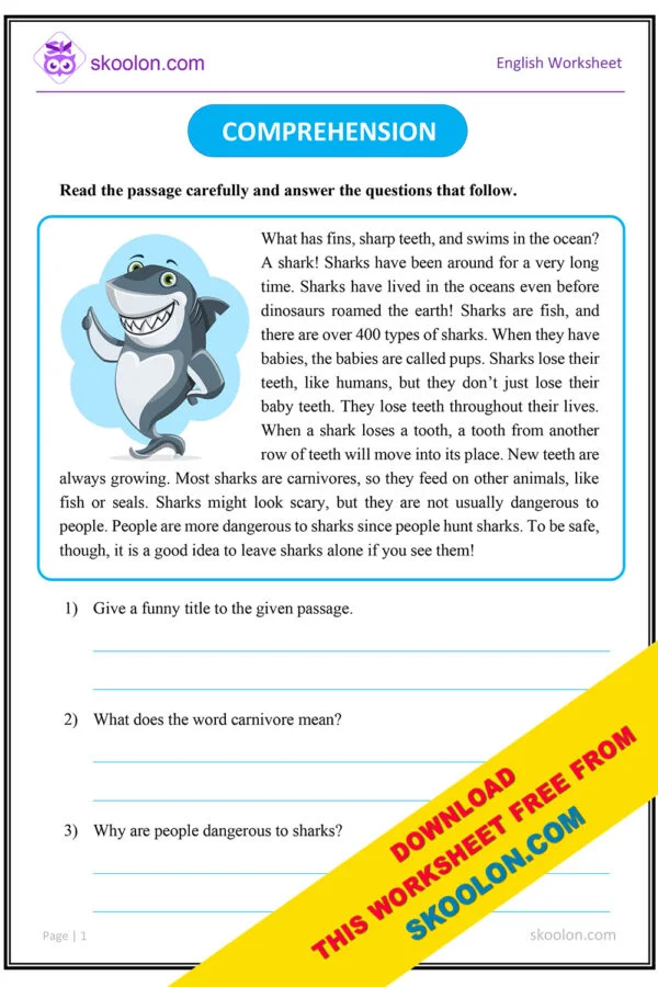 English Comprehension Worksheet for Grade 3 and Grade 4