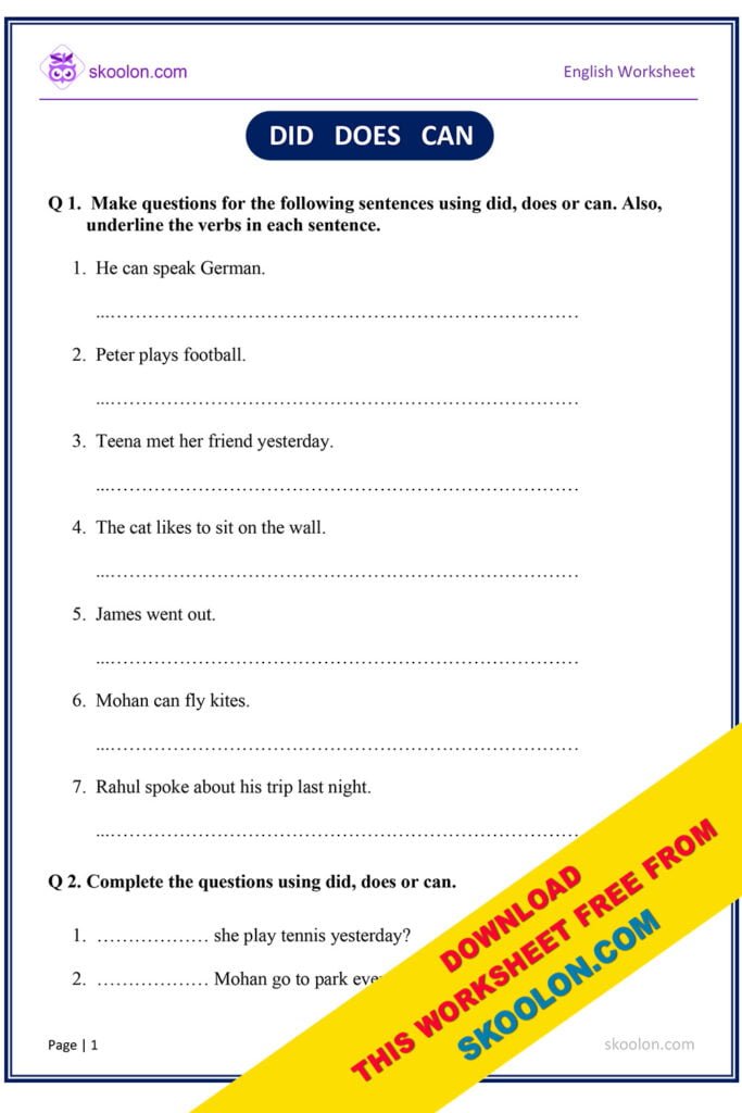 Did Does Can Worksheet skoolon com