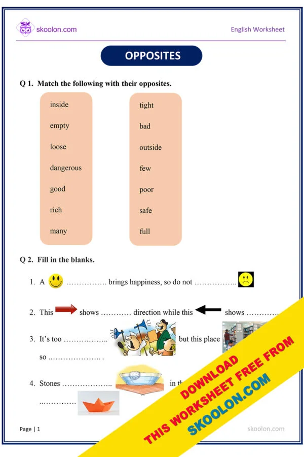 English Opposites Worksheet for Grade 2 and Grade 3