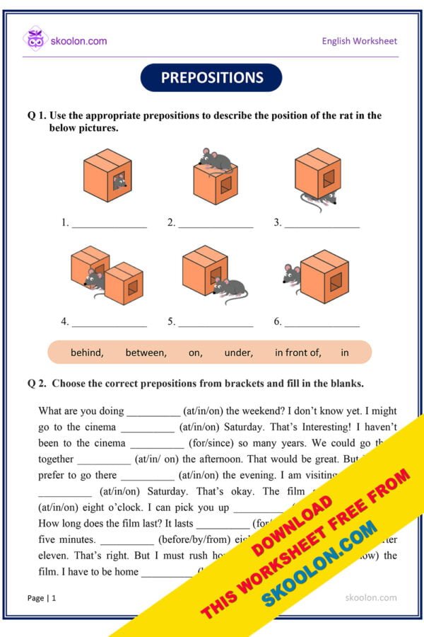 Prepositions Worksheet with Answers for Grade 3