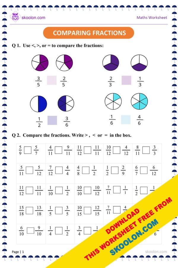 Math Comparing Fractions Worksheet for Grade 3 to 5