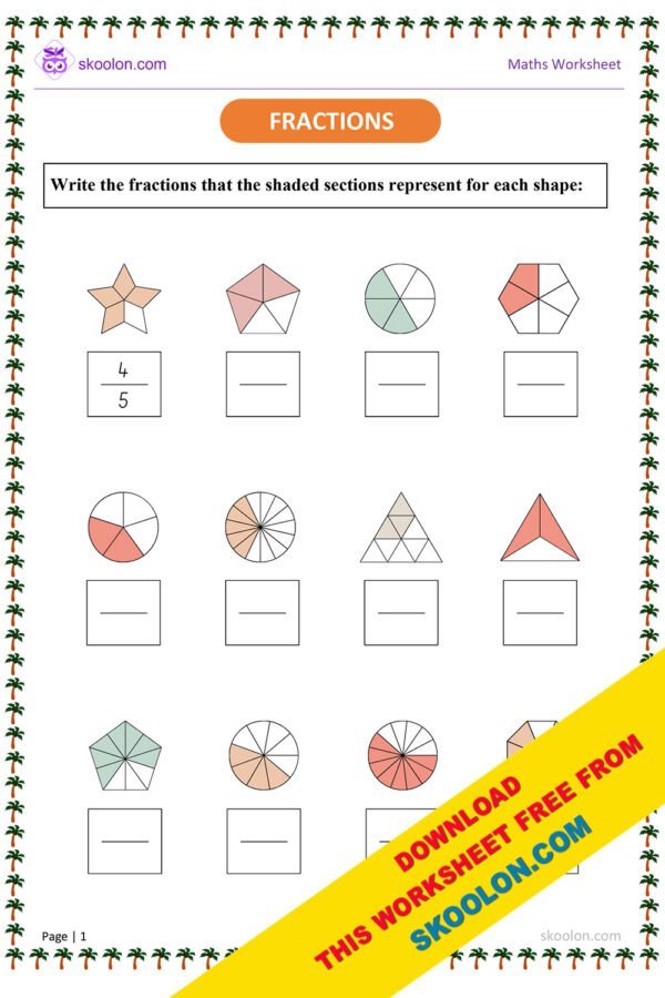 Math Fractions Worksheet for Grade 3 to 5