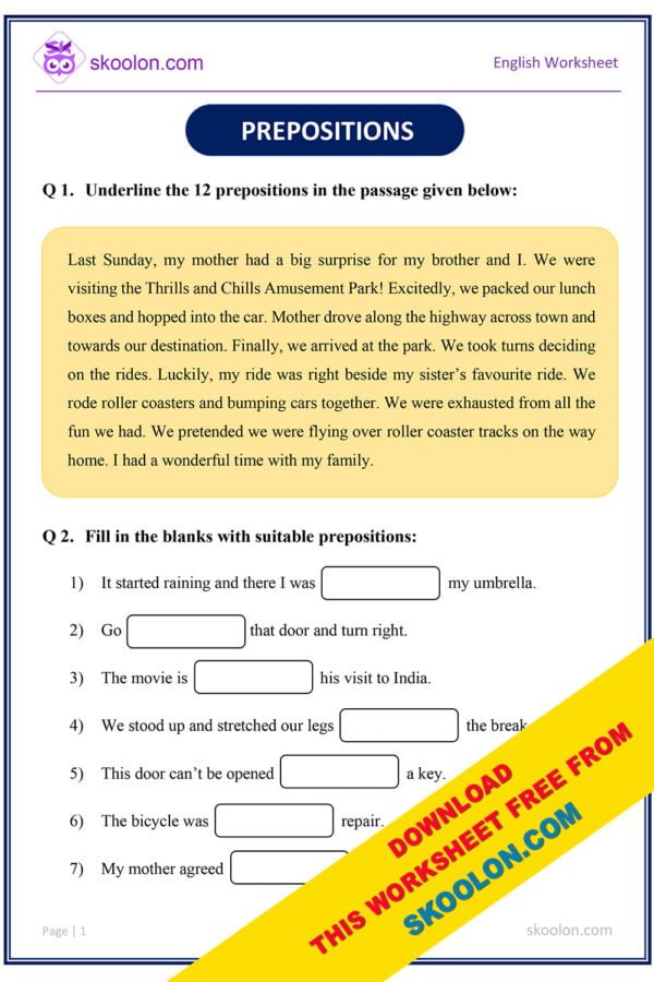 English Prepositions Worksheet for Grade 3 and Grade 4