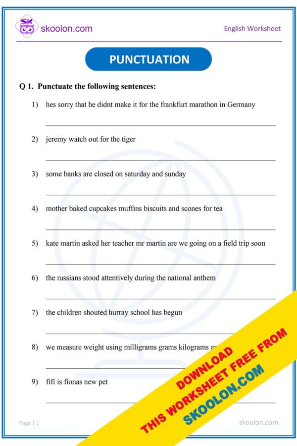 Punctuation Worksheet in English for Grade 4 and Grade 5