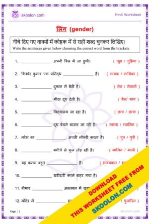 Hindi Grammar Ling Worksheet for Class 3 to Class 5