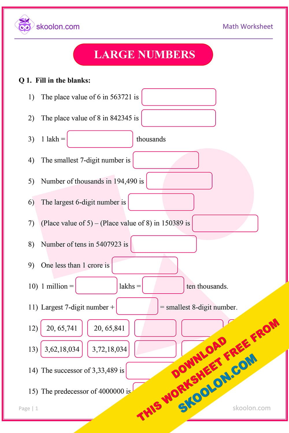 Large Numbers Class 5 Worksheet Pdf