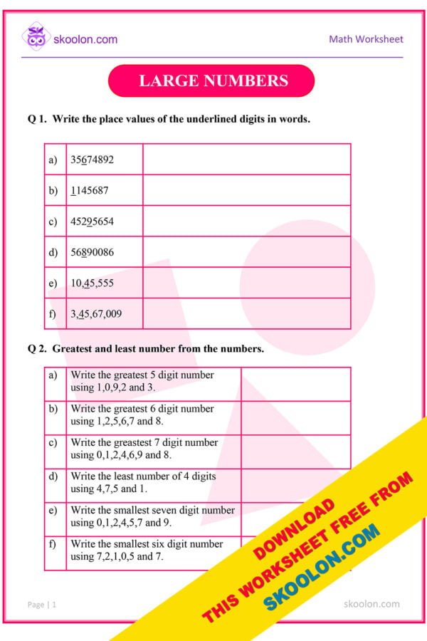 Large Numbers Class 5 Worksheet