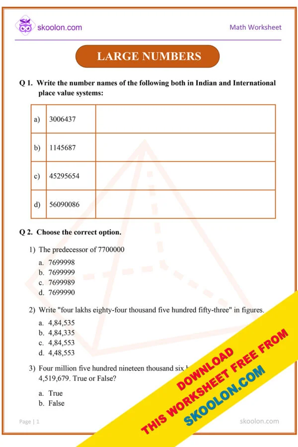 Large Numbers Class 4 Worksheet