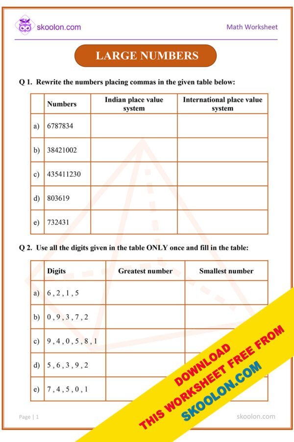 Large Numbers Class 4 Worksheet