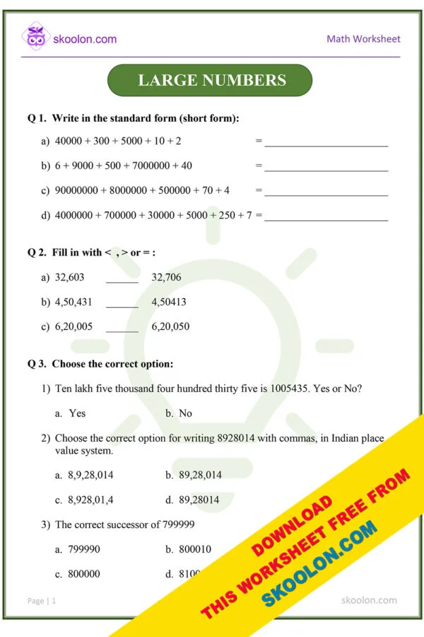 Large Numbers Class 4 Worksheet