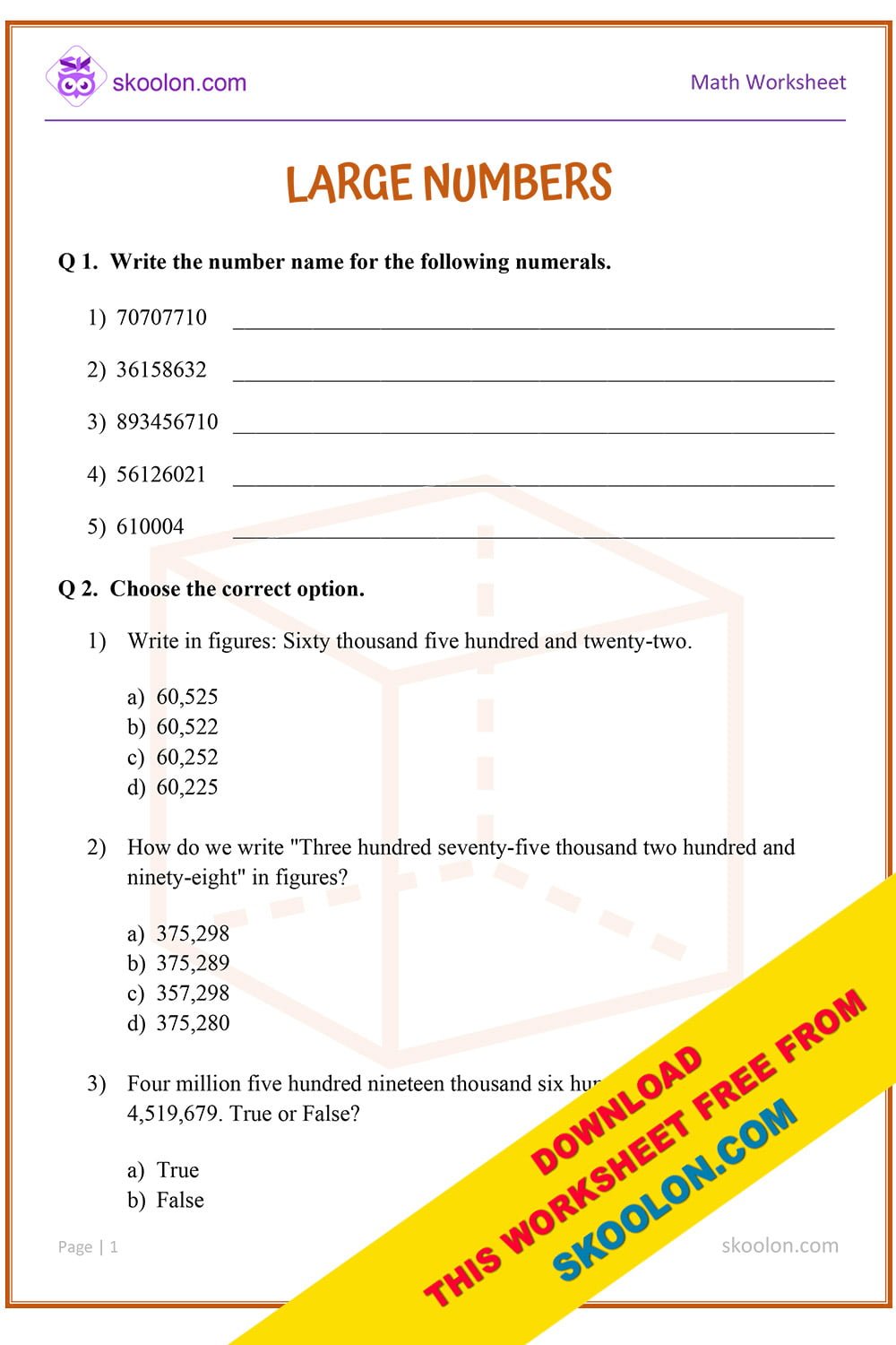 Large Numbers Class 5 Worksheet Archives Skoolon