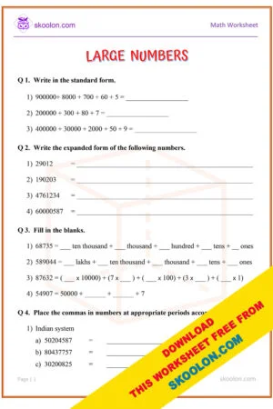 Large Numbers Worksheet with answers for Grade 4 and Grade 5