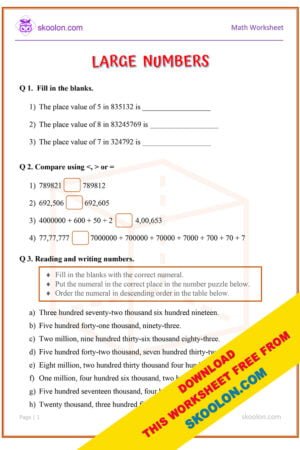 Large Numbers Worksheet with answers for Grade 4 and Grade 5