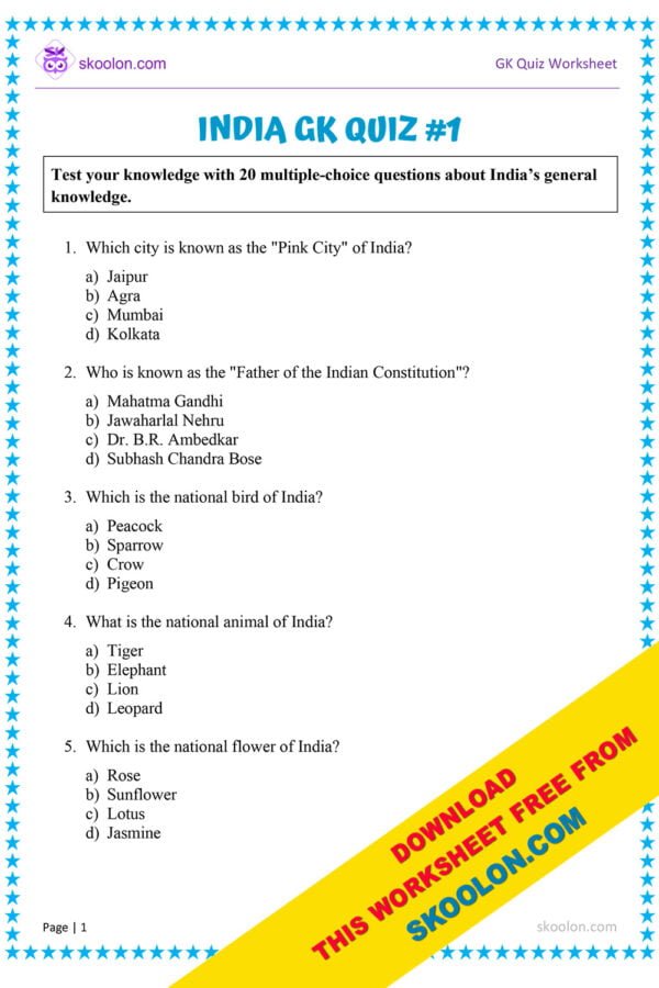 India GK Quiz || 20 Basic General Knowledge Questions and Answers || India GK Quiz in English