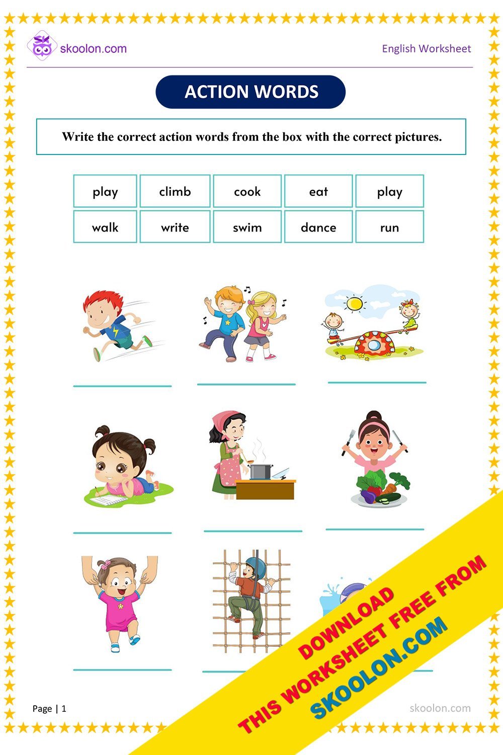 English Action Words Worksheet For Class 1