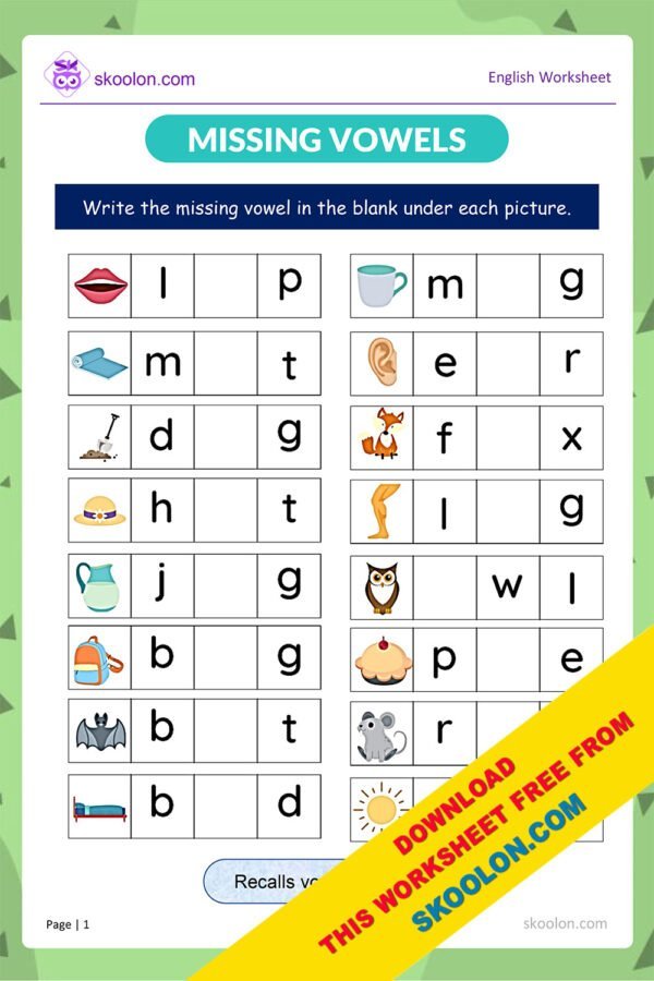 English Missing Vowels Worksheet