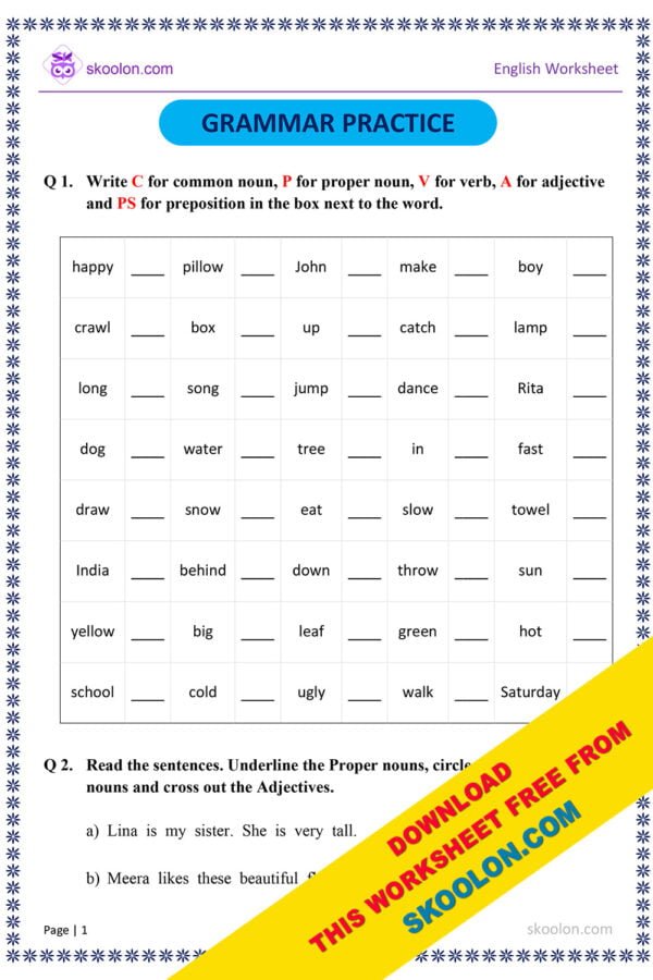 English Grammar Practice Worksheet for Grade 1 and Grade 2 with Answers