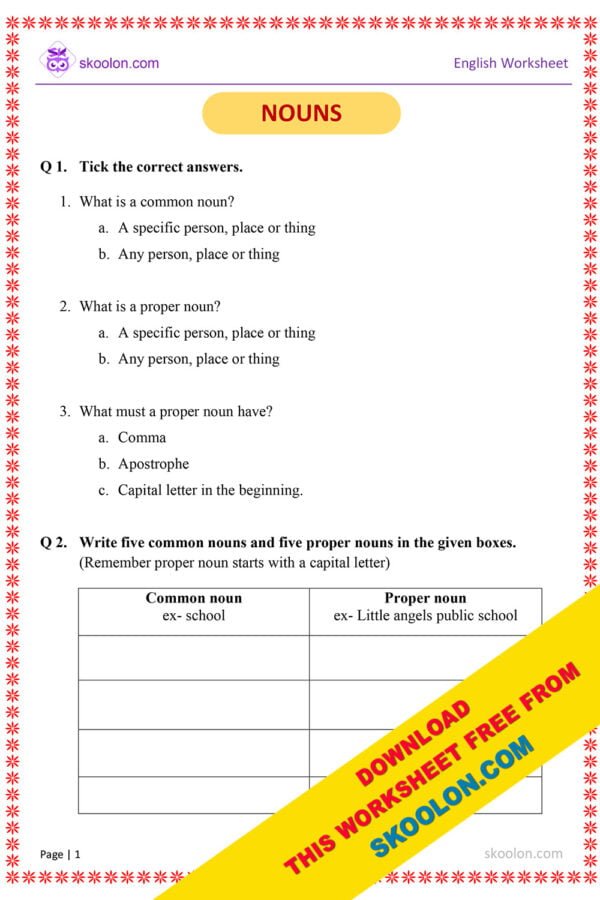 Common Noun and Proper Noun Worksheet for Grade 1