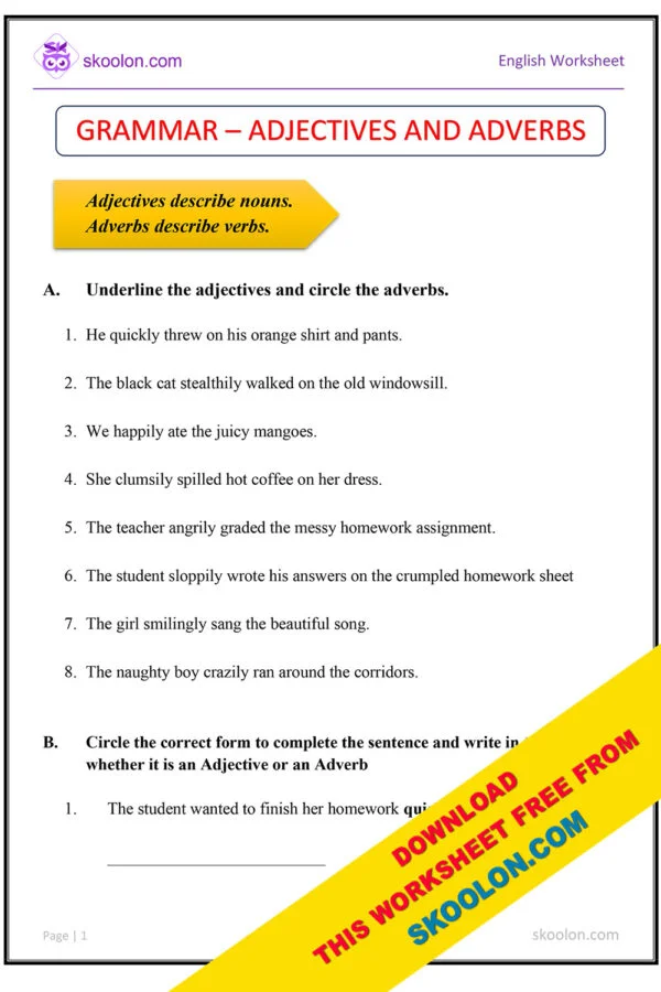 English Grammar Adjectives and adverbs Worksheet