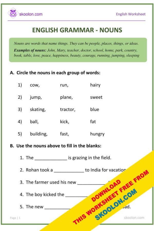 English Grammar Worksheet || Nouns