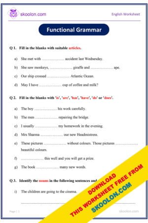 Functional Grammar Worksheet, English Grammar Worksheets, Grammar Worksheet for Grade 4, Grammar Worksheet for Grade 5, English Grammar for class 4, English Grammar for class 5, 4th Grade Functional Grammar Worksheet, 5th Grade Functional Grammar Worksheet, 5th Grade Grammar Worksheet, Articles, Nouns, adjectives