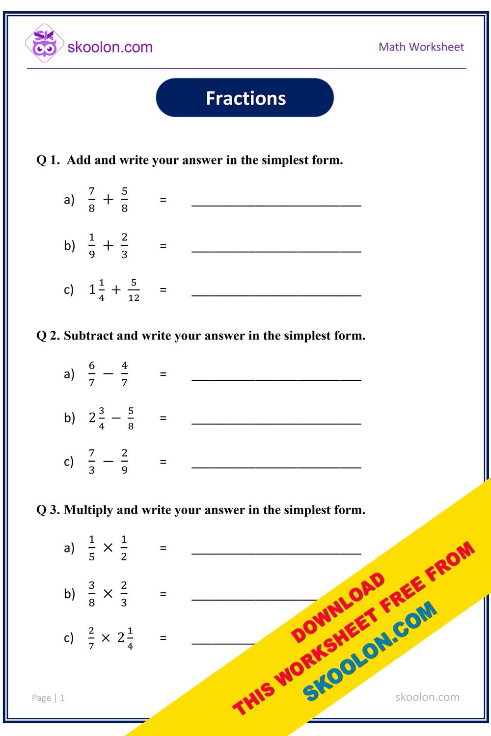 fractions worksheets for grade 3