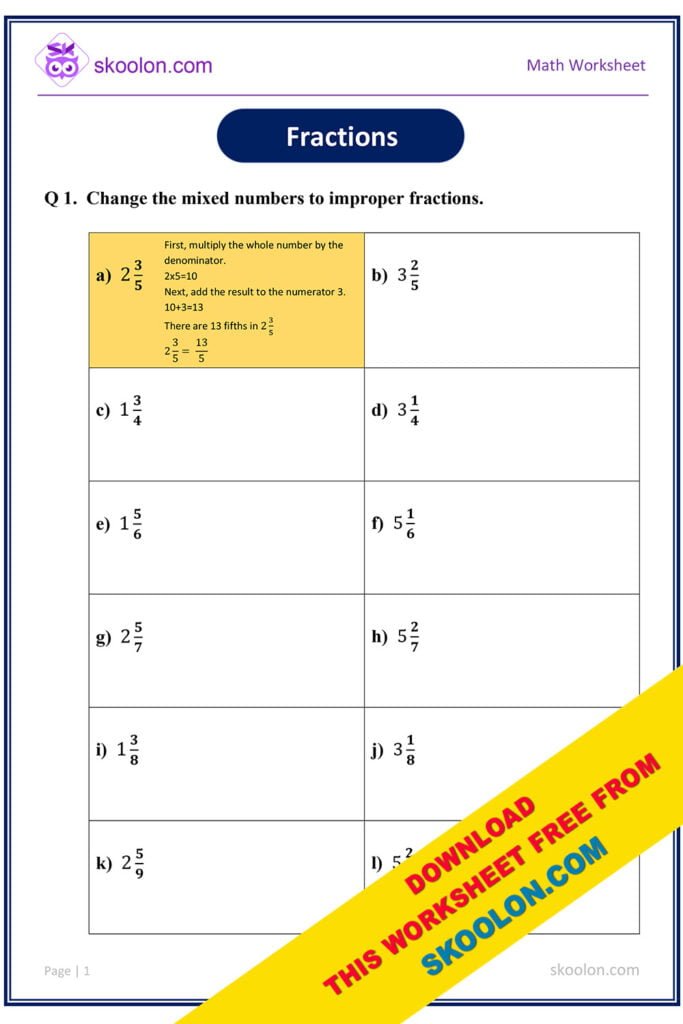 Improper Fractions Worksheet 7 