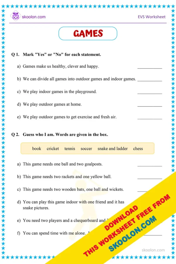 Games Worksheet for Class 1 | EVS Worksheet for Class 1