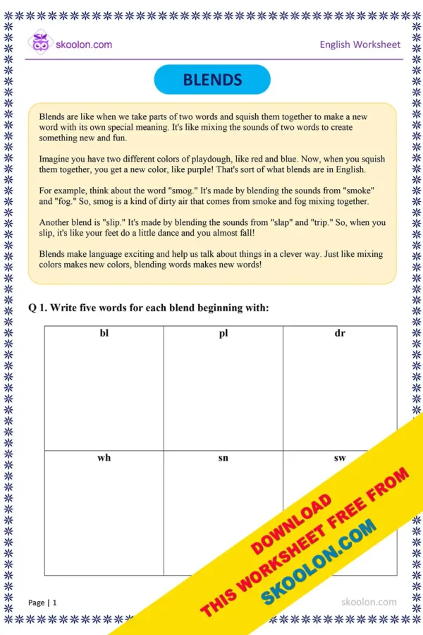 Blends Worksheet | English Worksheet | blends worksheet for grade 1