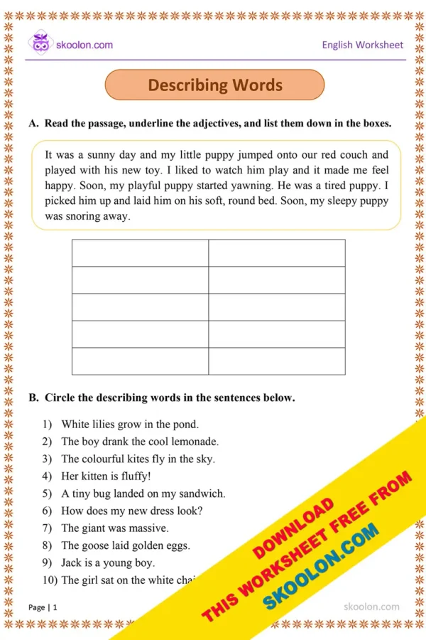 Describing Words Worksheet for Grade 1 | Adjectives worksheet with Answers