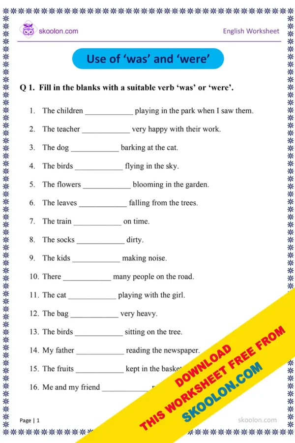Was Were Worksheet for Class 1 with answers | English Grammar Worksheet