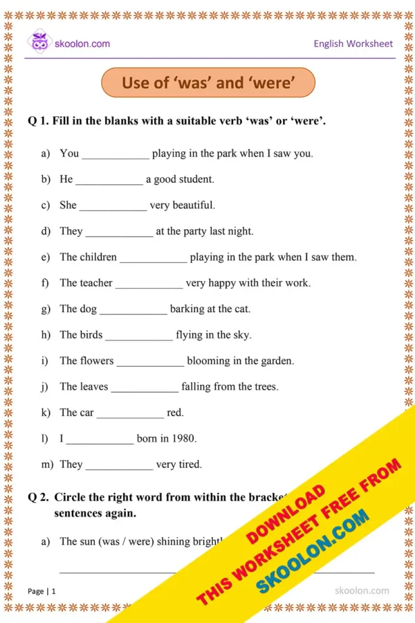 Was Were Worksheet for Class 2 with answers | English Grammar Worksheet