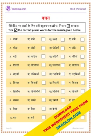 Hindi Vachan Worksheet with answers