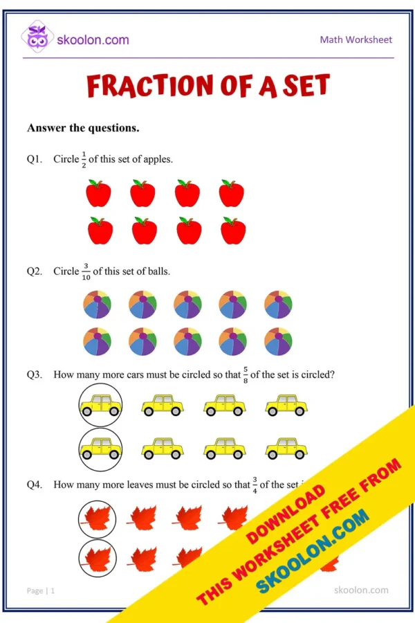 Fraction of a Set Worksheet for Grade 4 and Grade 5 | Fraction Worksheet for Grade 4