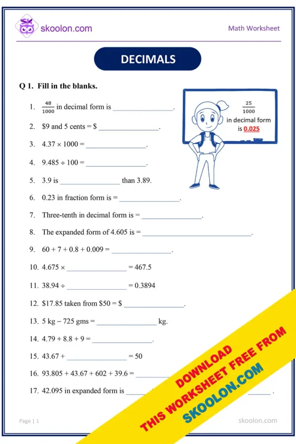 Decimals Worksheet with Answers