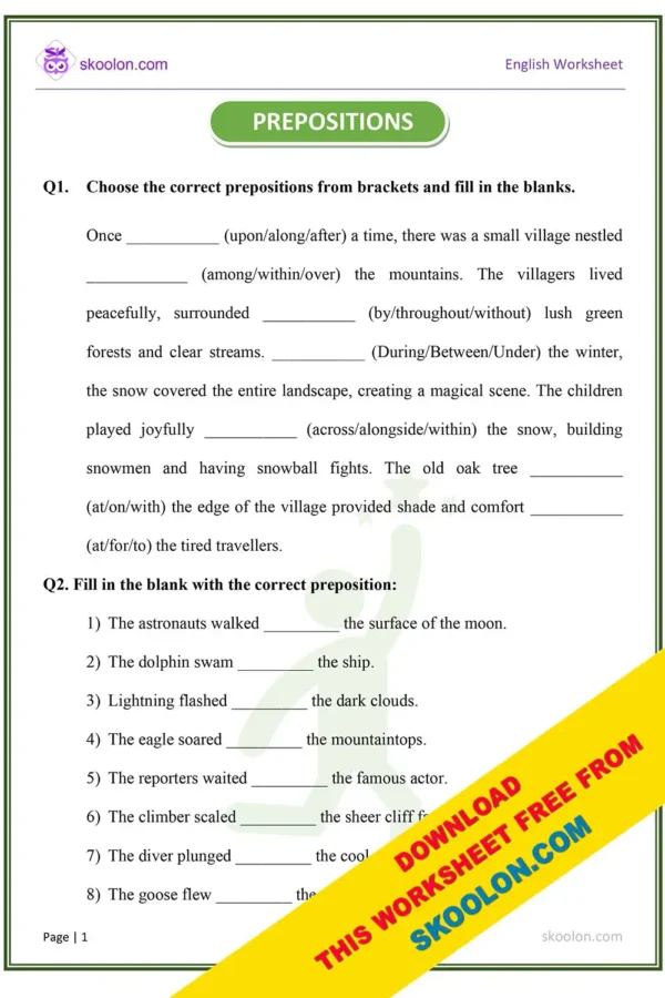Prepositions | Preposition worksheet | Grammar Worksheet for Grade 3