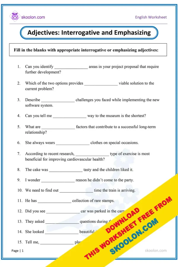 Adjectives - Interrogative and Emphasizing worksheet with answers for Grade 5