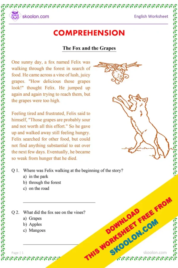 Comprehension Worksheet | Reading Comprehension for Grade 2 | The Fox and the Grapes